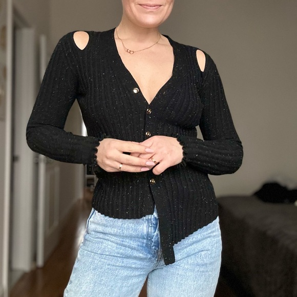 Designer Rib Knit Asymmetrical Cardigan with Lurex Knit and Gold Buttons - Picture 8 of 10